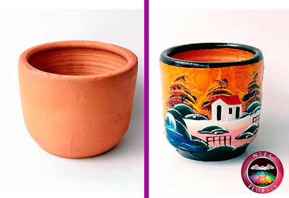 Tipos de macetas para tus plantas. Materas en barro: (izquierda) matera de barro terracota; (derecha) maceta de barro decorada a mano. Catálogo Neea Flora. Puedes comprar materas de barro en Bogotá en neeaflora.com